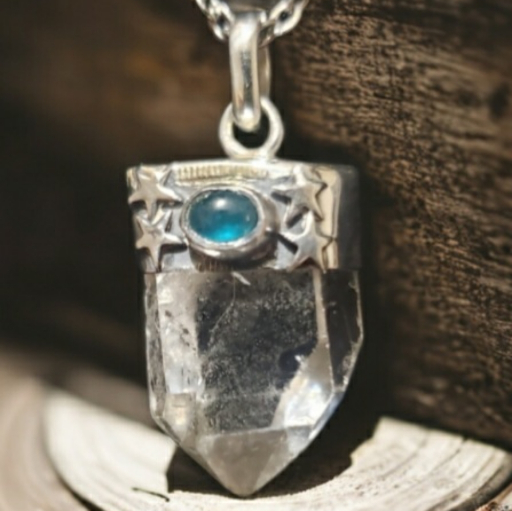 Lamurian Quartz w/ Neon Apatite Crystal Pendant Necklace ~ 925 Sterling Silver